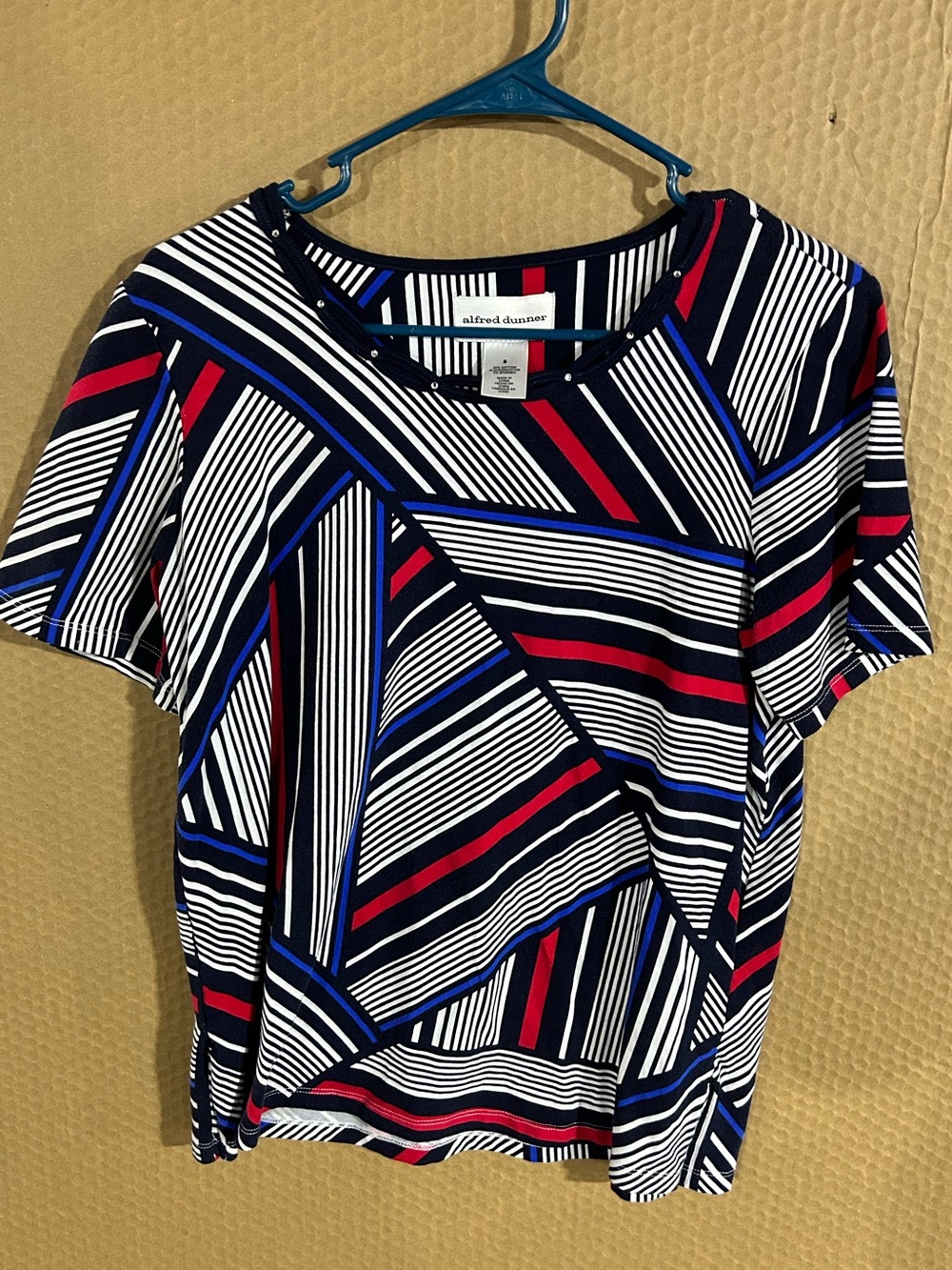 Alfred Dunner Navy White Red Short-Sleeve Striped Geometric Tee